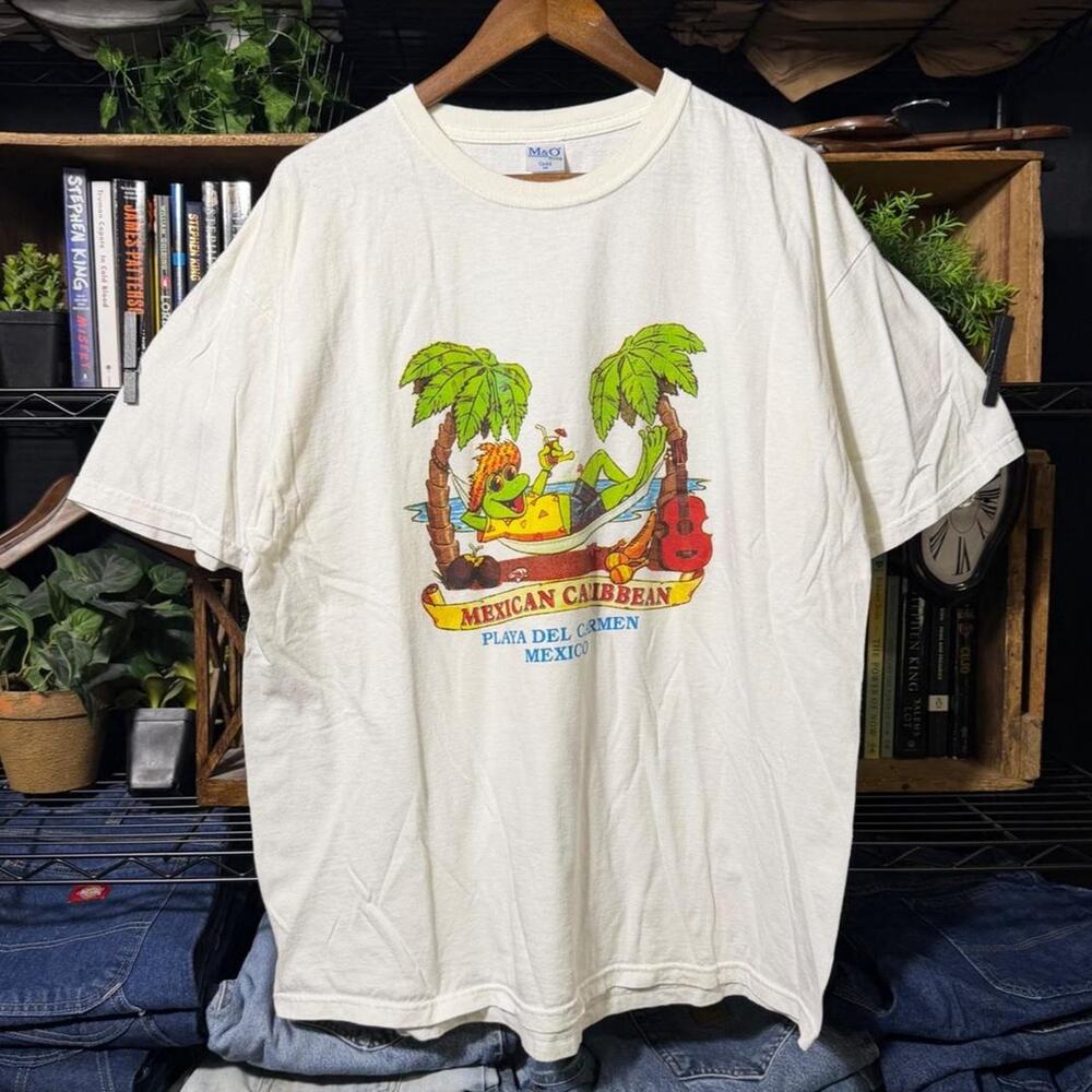 Vintage Y2K Mexico Lizard Tee White Nature Print Beer Shirt Mens XL